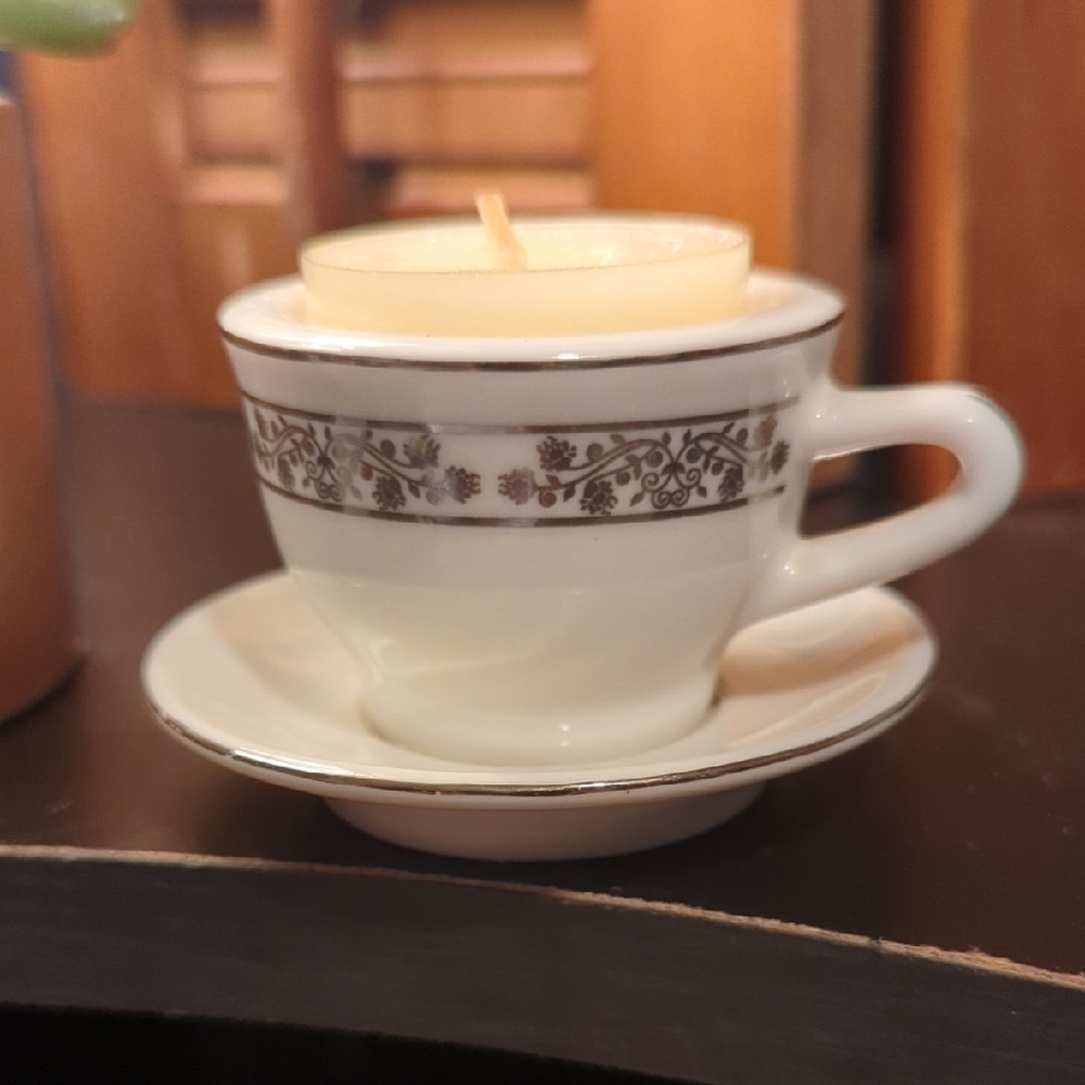 Vintage Kate Aspen Miniature Tea Cup Saucer Candle Holder Tea Light Silver Trim